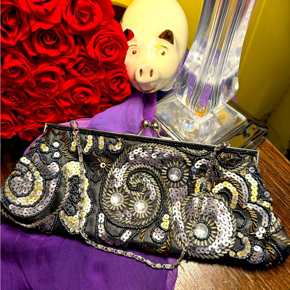 Sequin Beaded Clutch apartment nine silver hardware and wrist chain